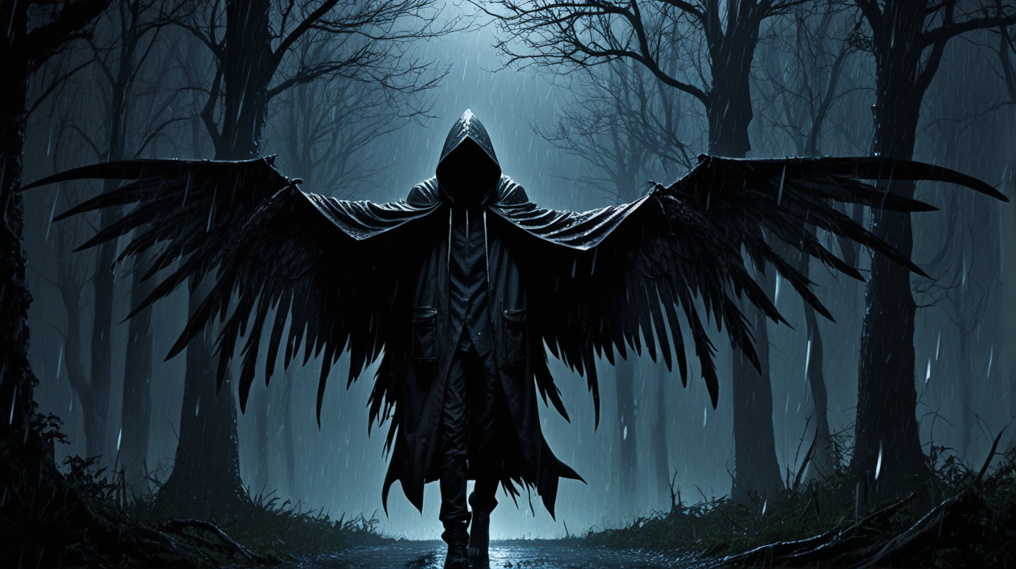 wings, dark looking character,  hooded, night, rain, woods, trees, sickle