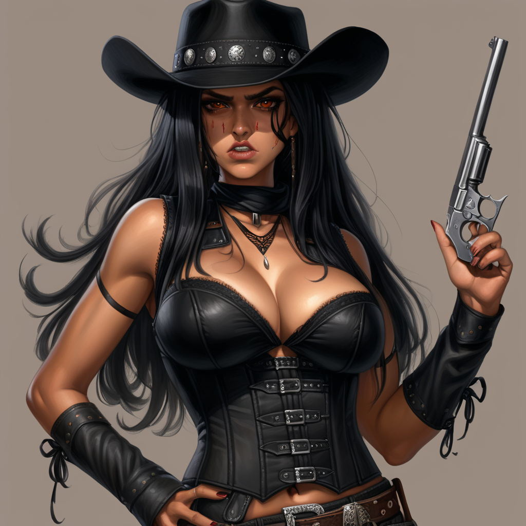 black cowboy hat, black hair, long hair, brown eyes, Latina, female, western, black corset, black bandolier, mature, black bandana around neck, semi realism, Evil, angry, blood on face, hold revolver