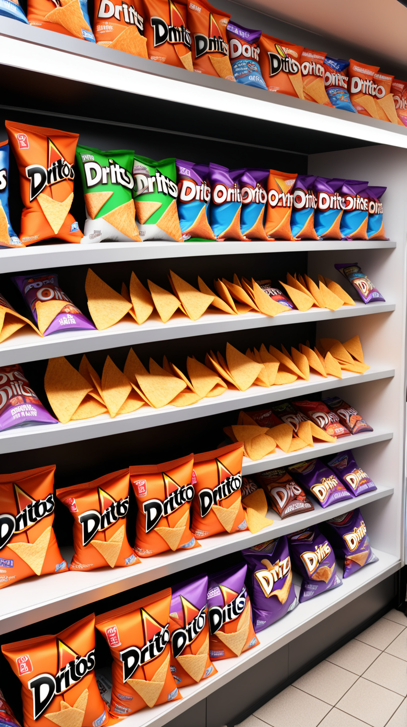 Inside a store with Doritos chips and all types of other chips, with ice cream in the refrigerators 