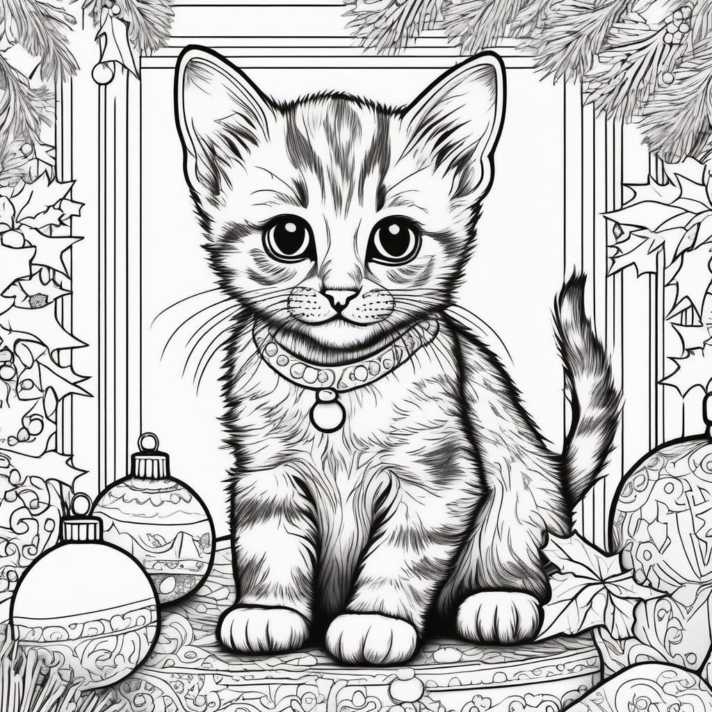 adult coloring book page kitten Christmas themed black