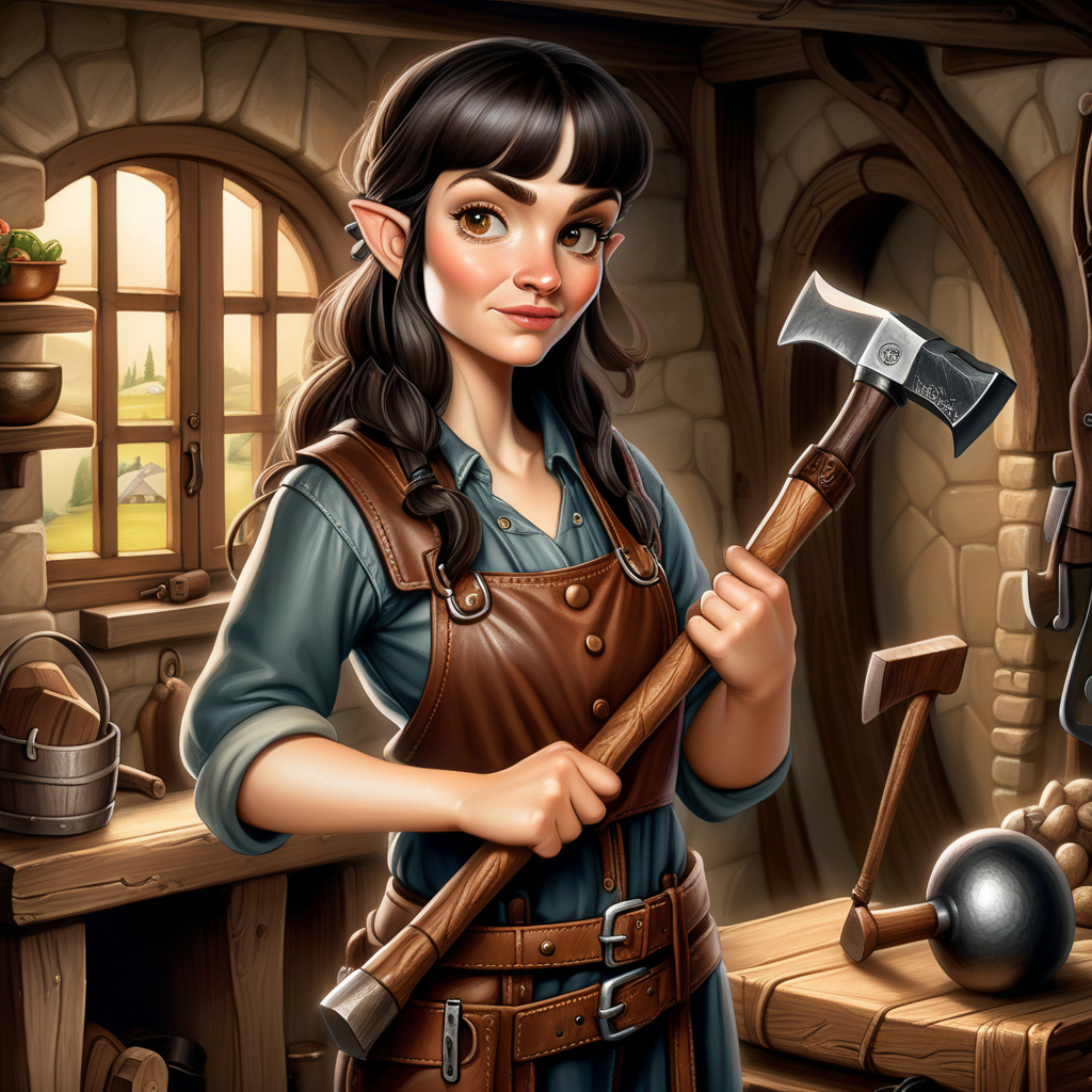 cartoony hobbit peasant housewife dark hair wearing leather jerkin with a big hammer