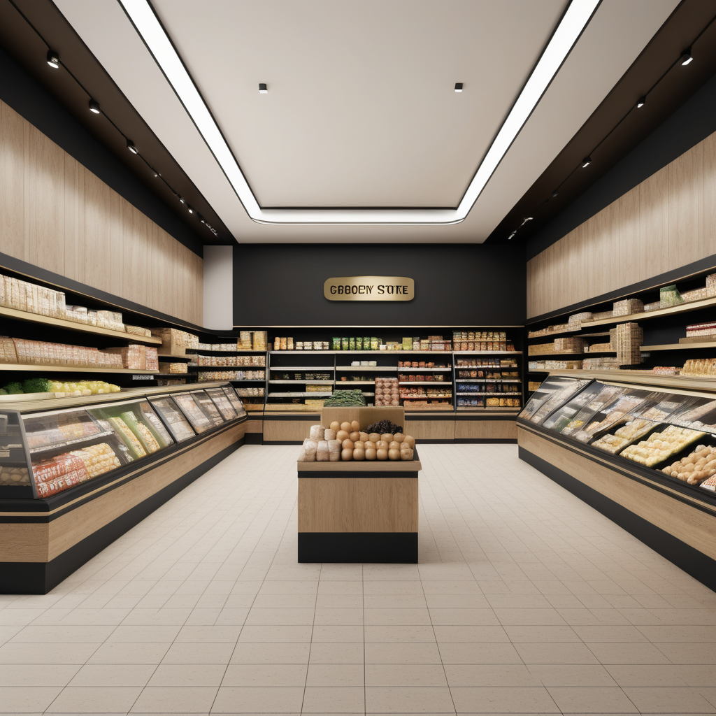 hyperrealistic image of an elegant grocery  store interior in a beige, oak, brass and black colour palette