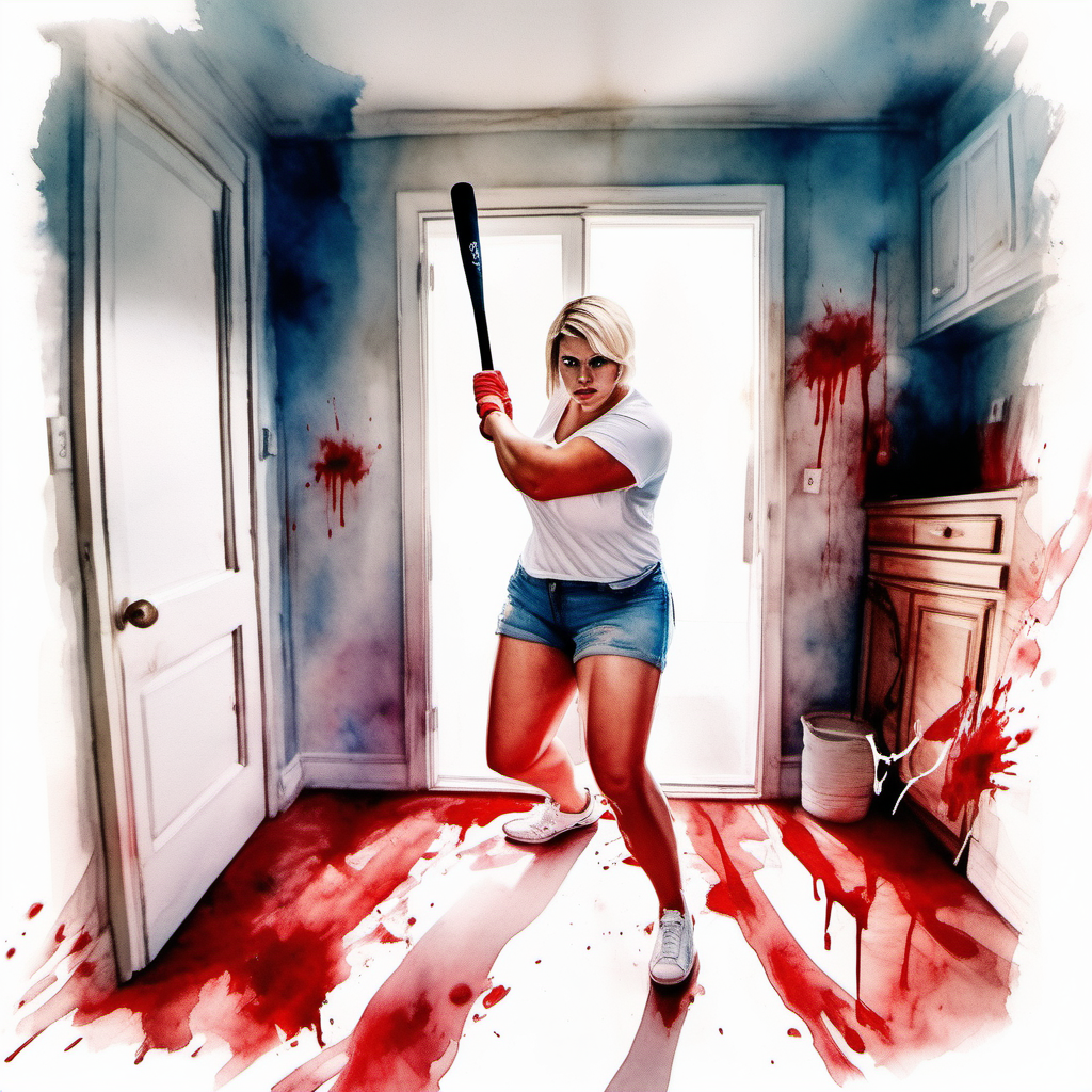 pov imagefrom top to bottom by big Sexy curvy blonde woman, short hair in a white shirt and denim shorts and white tennis shoes with a baseball bat in her bloody hand in in an apartment room, image based in watercolor paint.