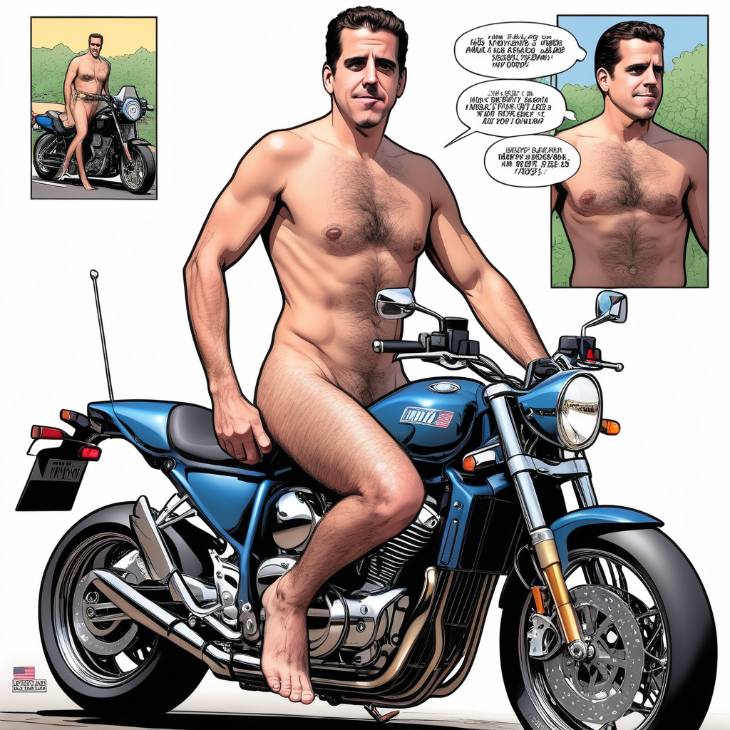 ((Hunter Biden)+ riding a motorcycle (naked)++))+ in the style of (comic book)+