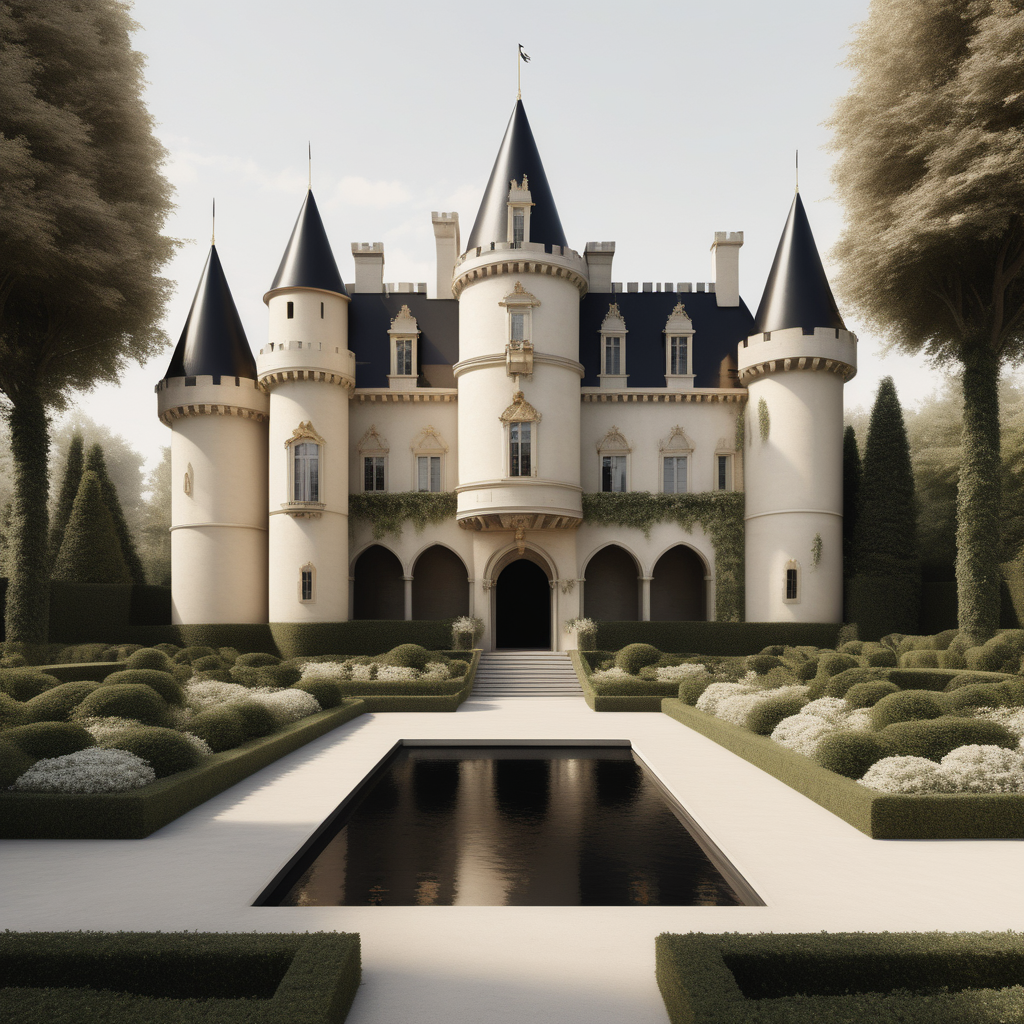 a hyperrealistic image of minimalist castle; beige, black, brass, ivory colour palette; lush gardens
