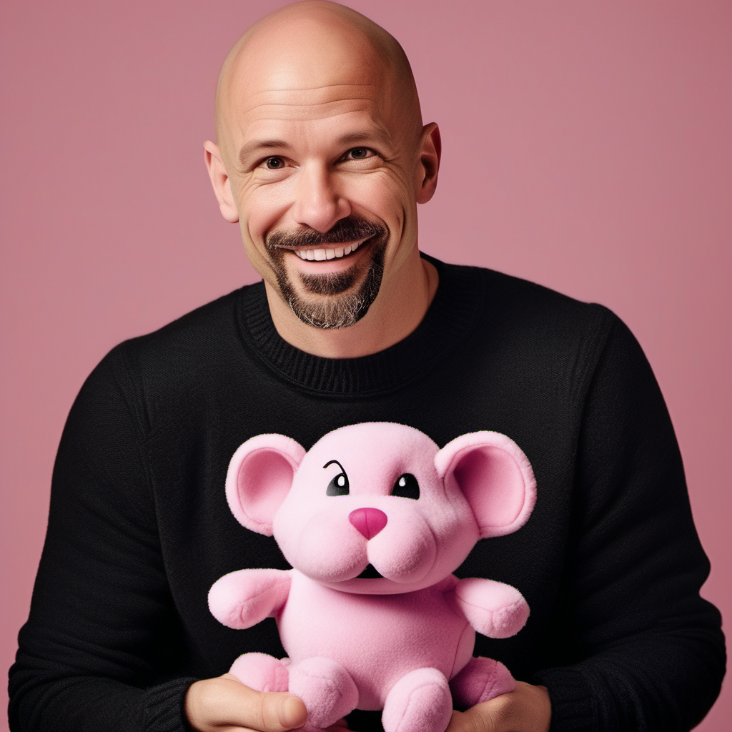 creative director, white man, 43 years old, black sweather, bald, small brown moustache, three-day-beard, pointed ears, pear-shaped face, brown eyes and rather large nose, smiling, holding a pink toy