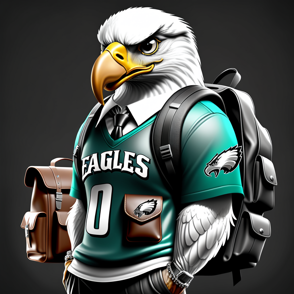 draw a street gangster eagle wearing a throwback philadelphia eagles jersey and a backpack while holding a 9mm in black and white