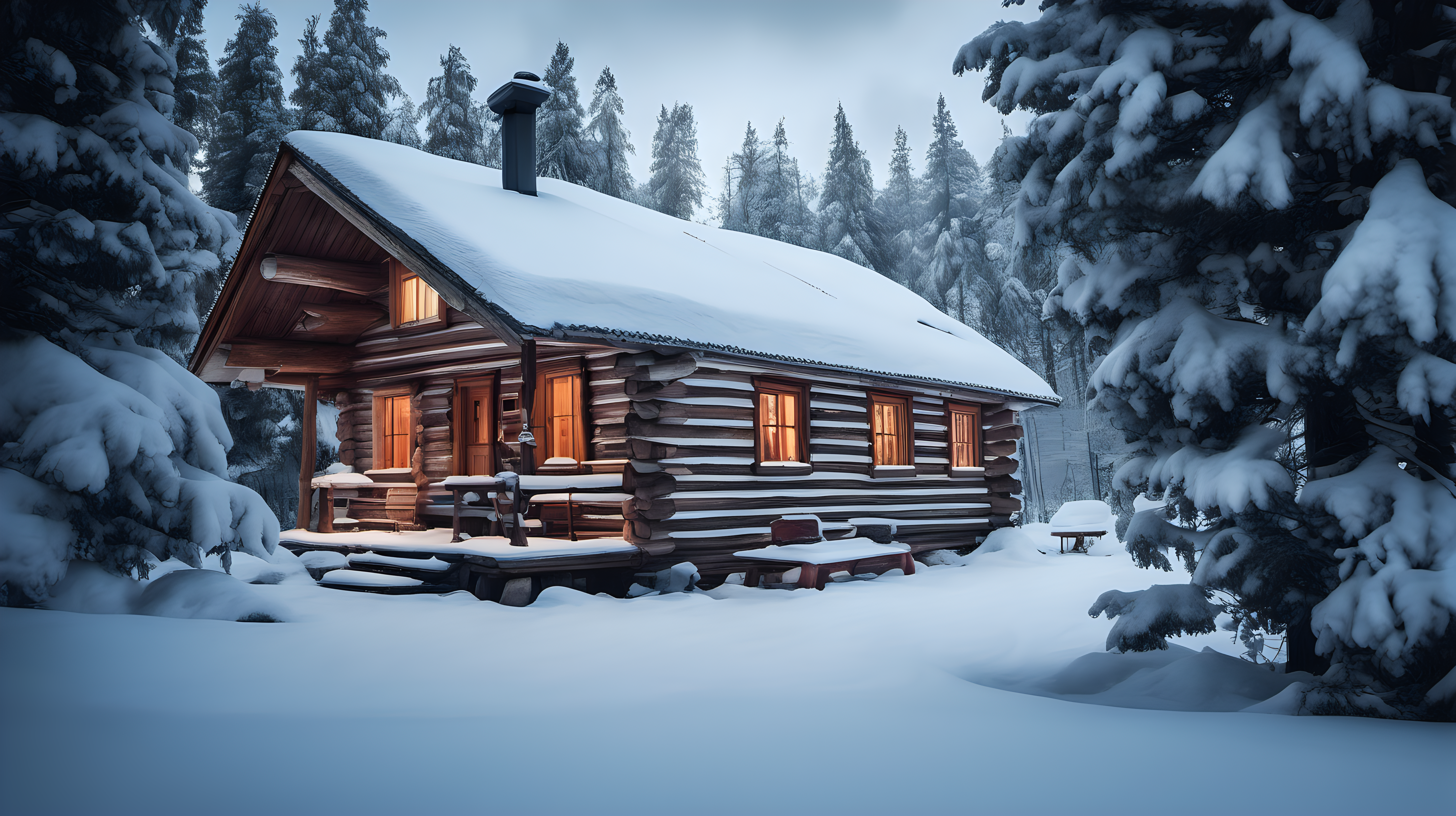 A cozy, snow-covered log cabin nestled amidst the tranquil beauty of a snowy Russian forest. Two cars, partially covered in snow, are parked in front of the cabin, creating a serene winter scene. Cozy, Snowy, Rustic, Tranquil, Winter Wonderland. DSLR camera. Wide-angle or standard lens for capturing the cabin and the surrounding snowy landscape. late afternoon. Focus on the charming cabin enveloped in snow, portraying a sense of warmth and coziness against the wintry backdrop. Frame the shot to include the cabin, the surrounding snow-laden trees, and the parked cars, highlighting the rustic charm and tranquility of the scene. Aim for high-resolution digital images to capture the intricate details of the snow-covered cabin and the forest surroundings. Post-processing can enhance the wintry atmosphere by adjusting exposure and contrast, showcasing the inviting coziness of the cabin amidst the snowy Russian forest.



