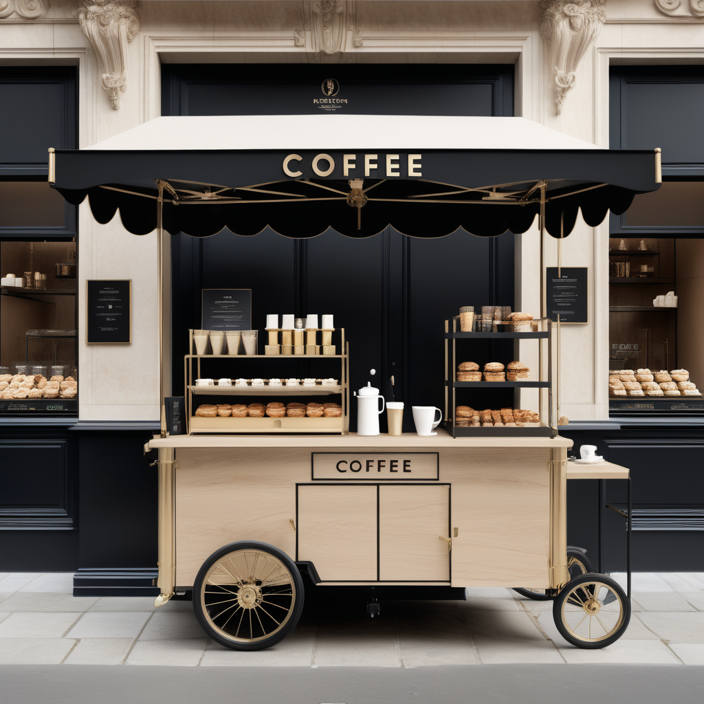 A hyperrealistic image of a grand, large,  Modern Parisian pop-up coffee cart in a beige oak brass and black colour palette with gourmet coffee and pastries