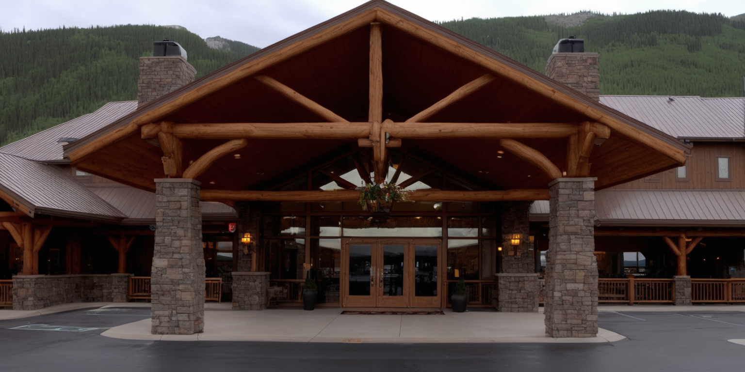 Front view of the exterior front entrance of a large, upscale rustic mountain resort with an awning. The weather is slightly cloudy with sunspots