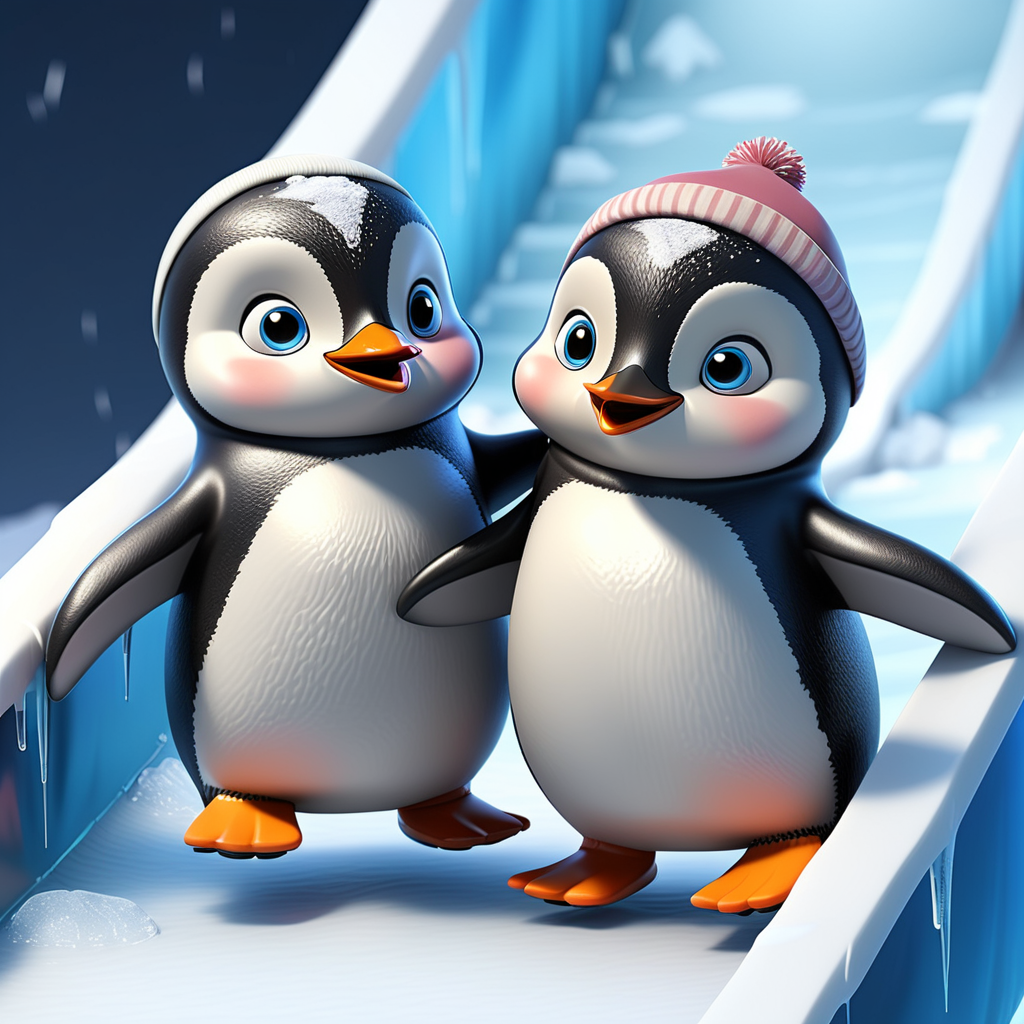 two cute penguins holdoing hands going down the ice slide
