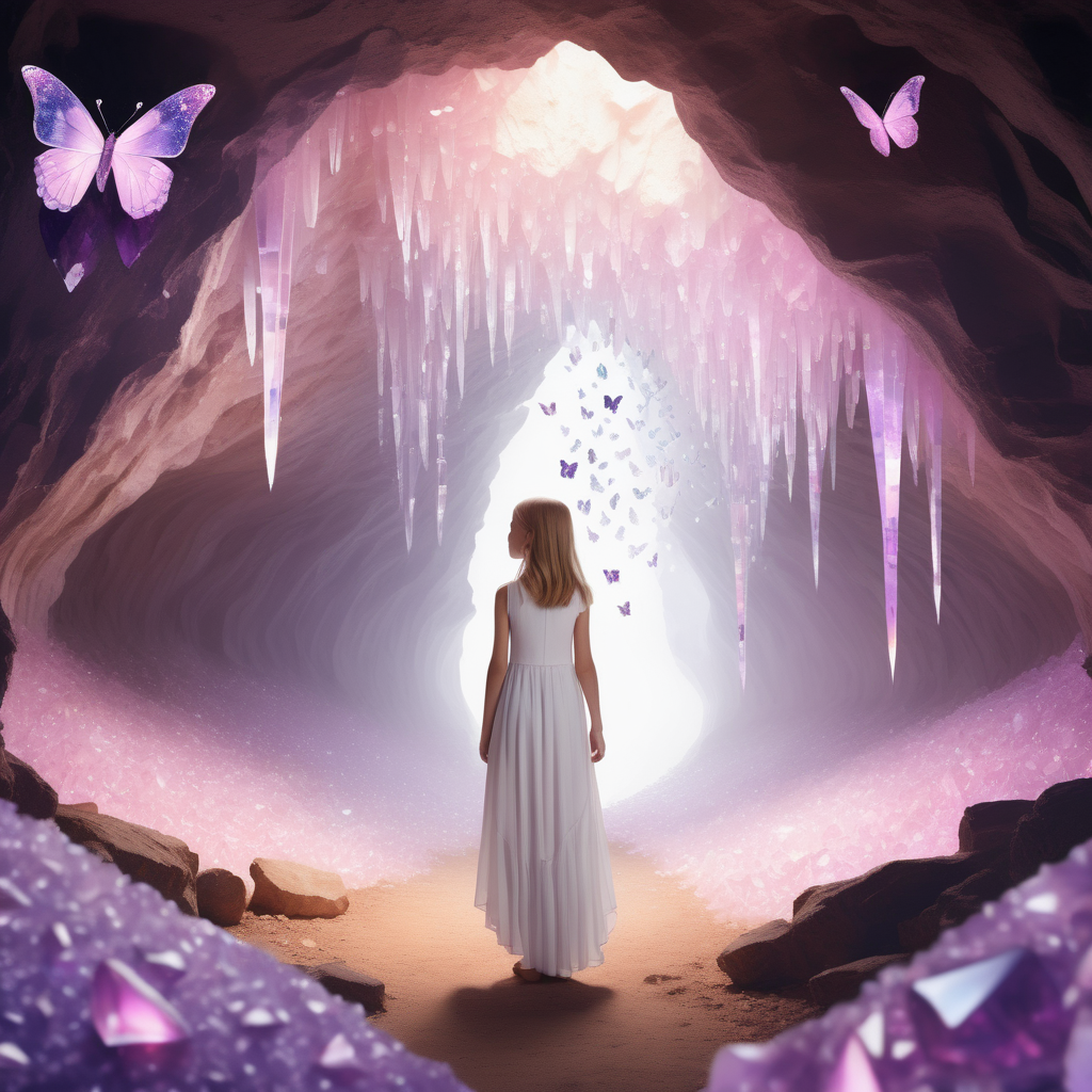 A teenage girl stands in a cave. She is wearing a long, flowing white, dip hem dress. There is a butterfly next to her. The cave is covered with pink and purple crystals. The girl sees pictures of her childhood in the crystals.