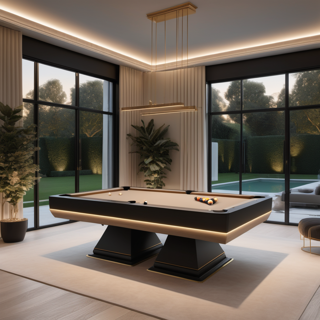 a hyperrealistic of an elegant Modern Parisian estate home pool table room at dusk with mood lighting, floor to ceiling windows with a view of  the manicured gardens , in a beige oak brass and black colour palette 
