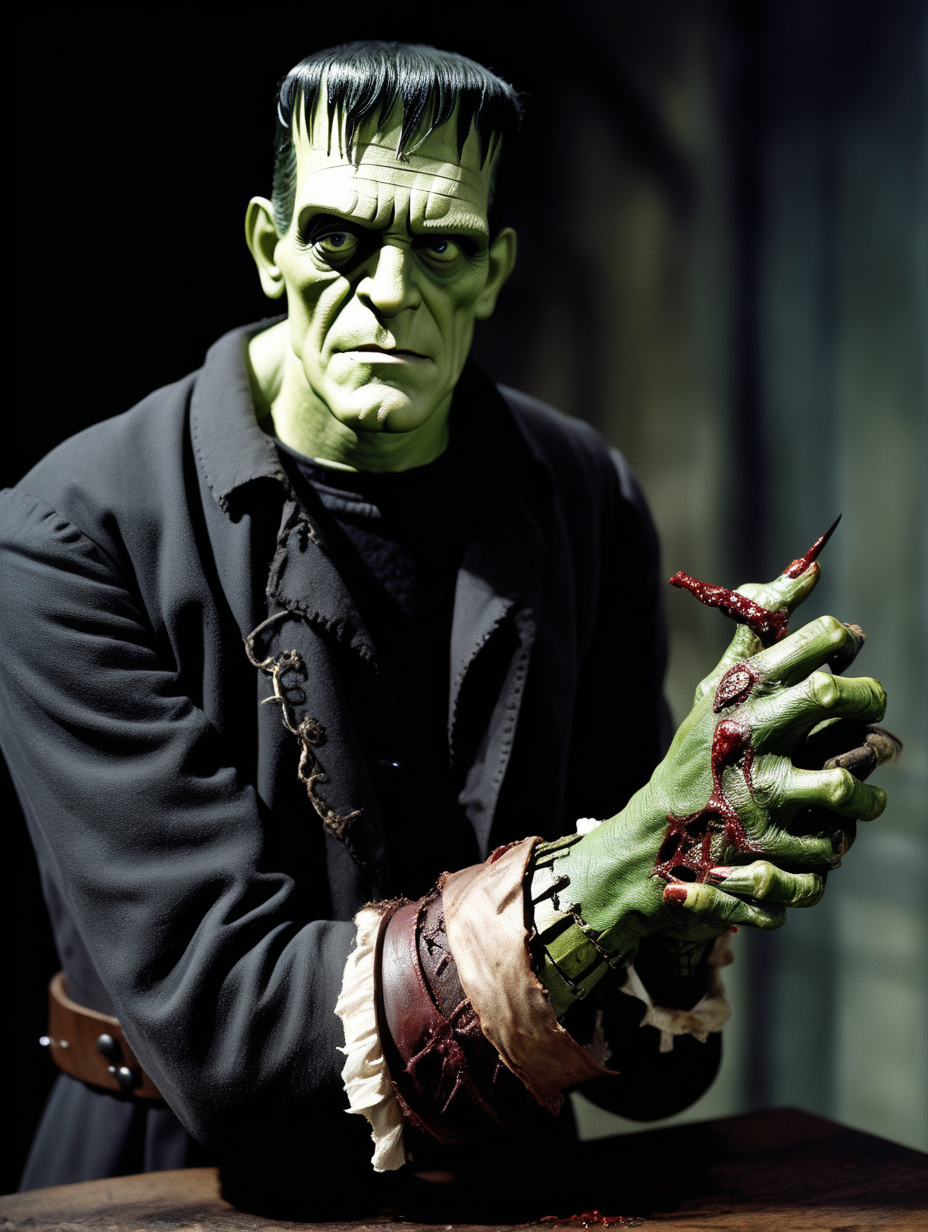 Frankenstein holds a severed human hand