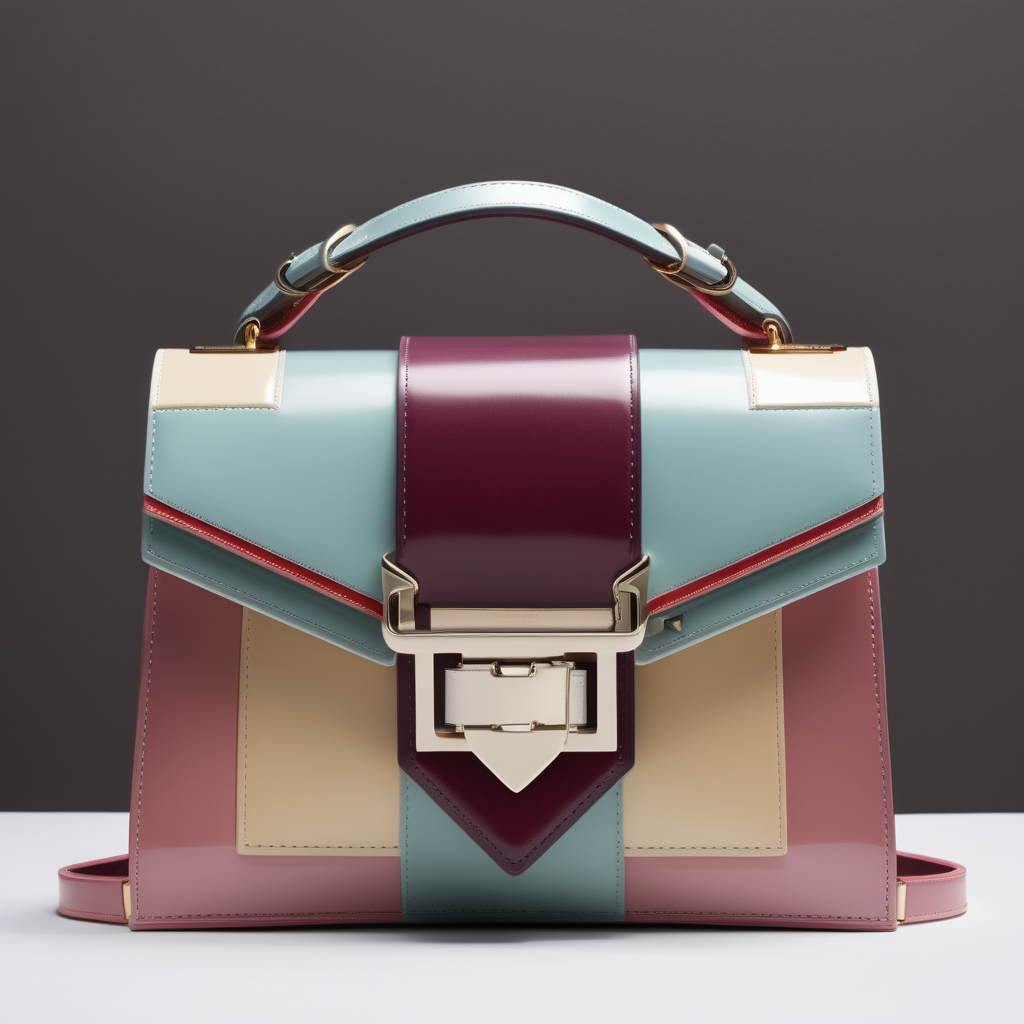 Neoclassic inspired luxury small laminated leather bag with flap and metal buckle- geometric shape - frontal view - color contrast borders - pastel colors - Burgundi shades
