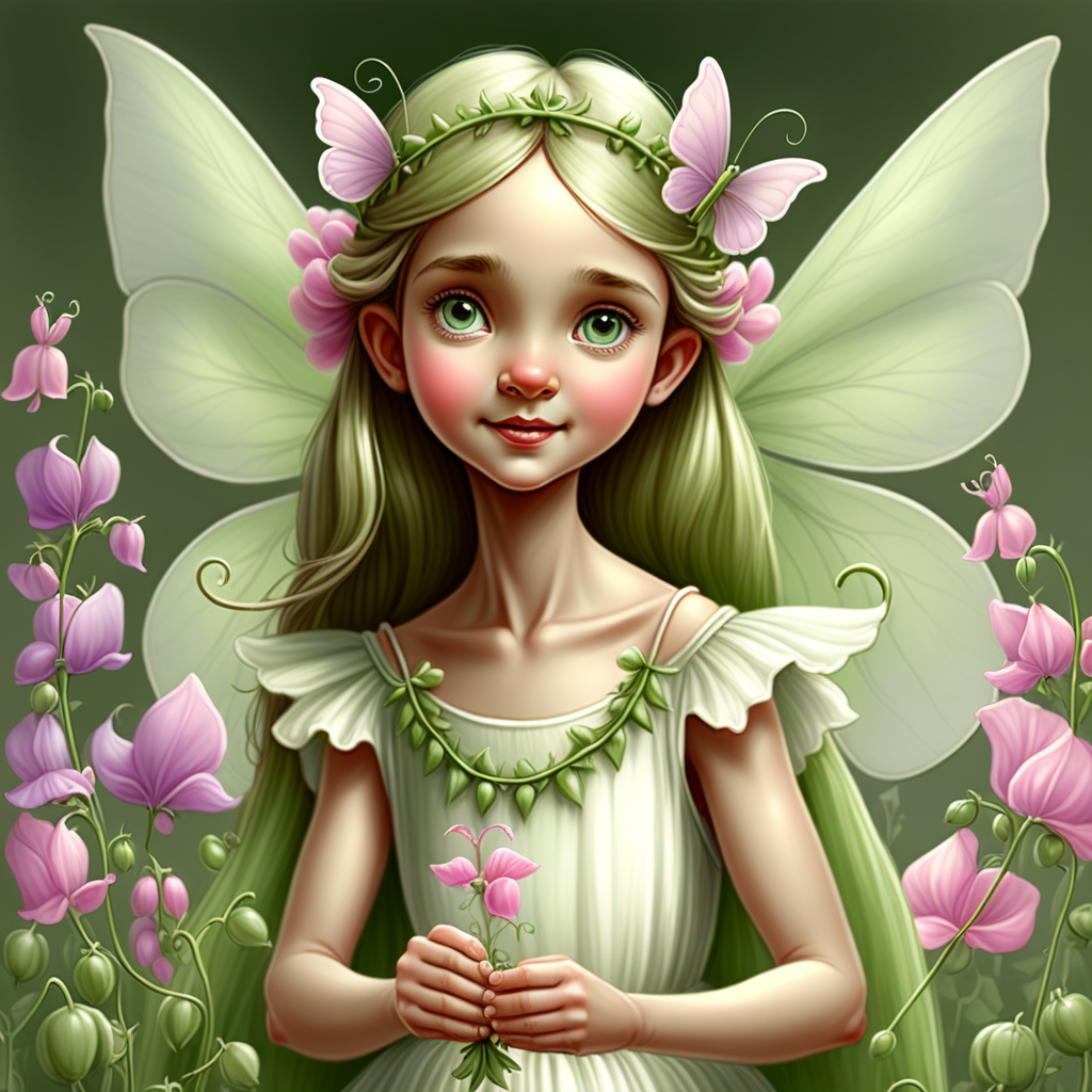  /envision prompt: "Sweet Pea Fairy Princess" - Imagine a fairy princess adorned with a crown of sweet peas in the style of Cicely Mary Barker, her wings delicately fluttering, on a clean white canvas, exuding grace and elegance.