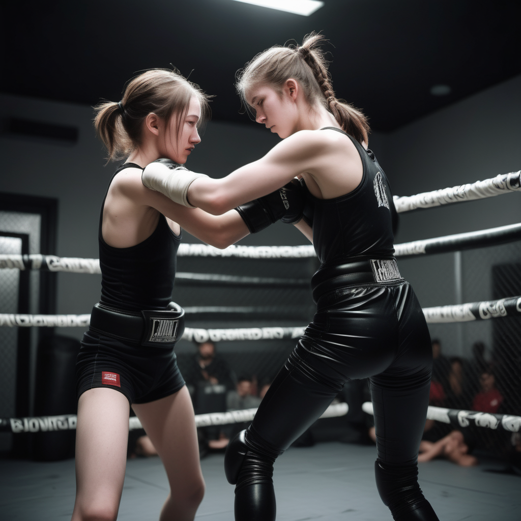 20 year old slender women wearing grappling gloves embraced in a fight 