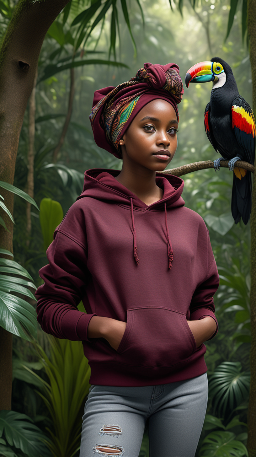 A pretty, little black girl wearing an african print head wrap, wearing a maroon hoody, wearing heather grey denim jeans, standing in a lush jungle, with a colorful tucan bird resting on her arm, 4k, realism, high definition clarity, brilliance