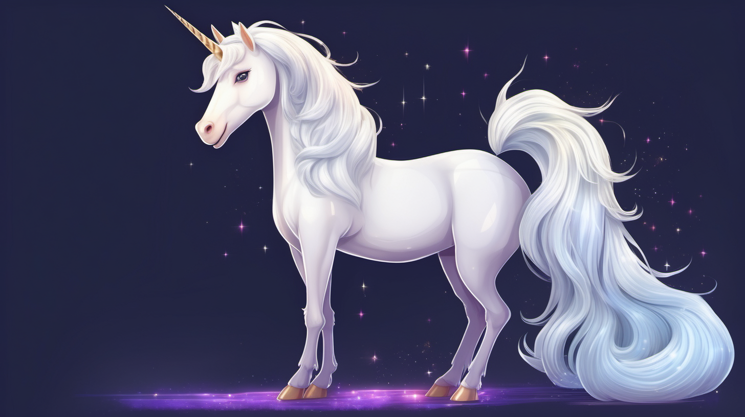 a beautiful white majestic unicorn in a sitting position with a long fluffy shimmery tail and mane cartoon anime style