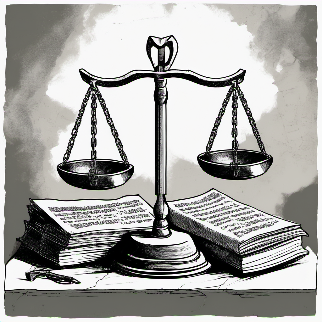 War Crimes and Legal Ramifications: A stark, courtroom-style drawing featuring symbolic elements from Gaza conflict, with scales of justice imbalanced, signifying the ongoing struggle for legal and moral resolution.
