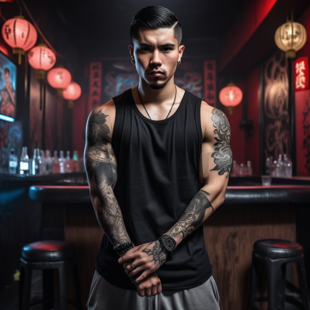 short fit young Latino man, straight black medium hair, black sleevless Chinese clothes, tattooed arms, two knives, night club