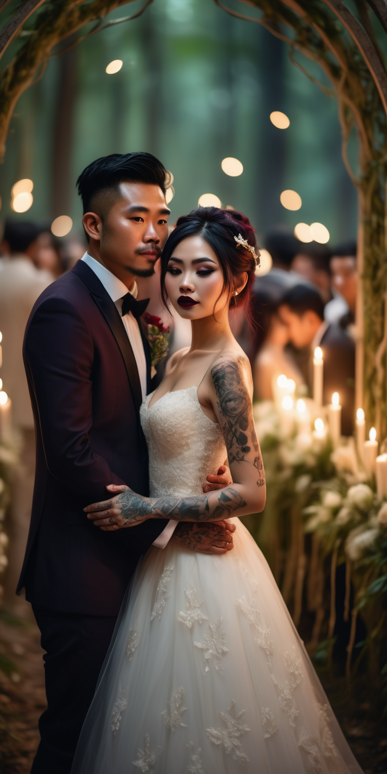 Beautiful Vietnamese woman, body tattoos, dark eye shadow, dark lipstick, hair in a messy updo, wearing a gorgeous wedding dress, bokeh background, soft light on face, stand at a beautiful archway, holding hands with handsome husband, surrounded by wedding guests, in an elaborate candlelit forest wedding, photorealistic, very high detail, extra wide photo, under the moonlight