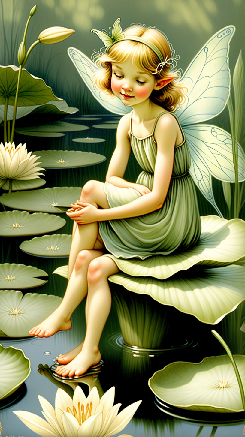 Illustrate a fairy perched on a lily pad