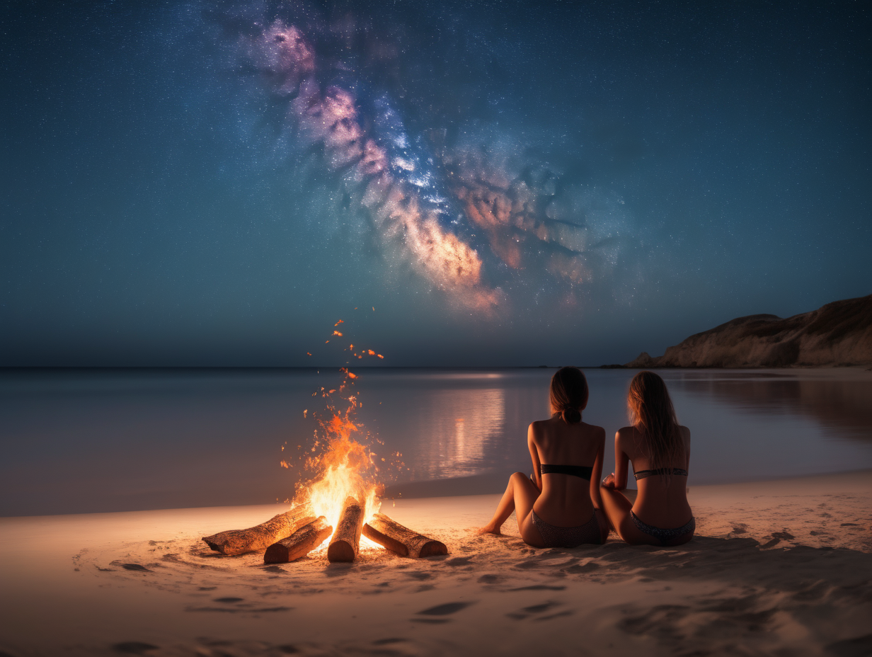 2 human females sitting next to a fire on a beach under the milky way starry sky