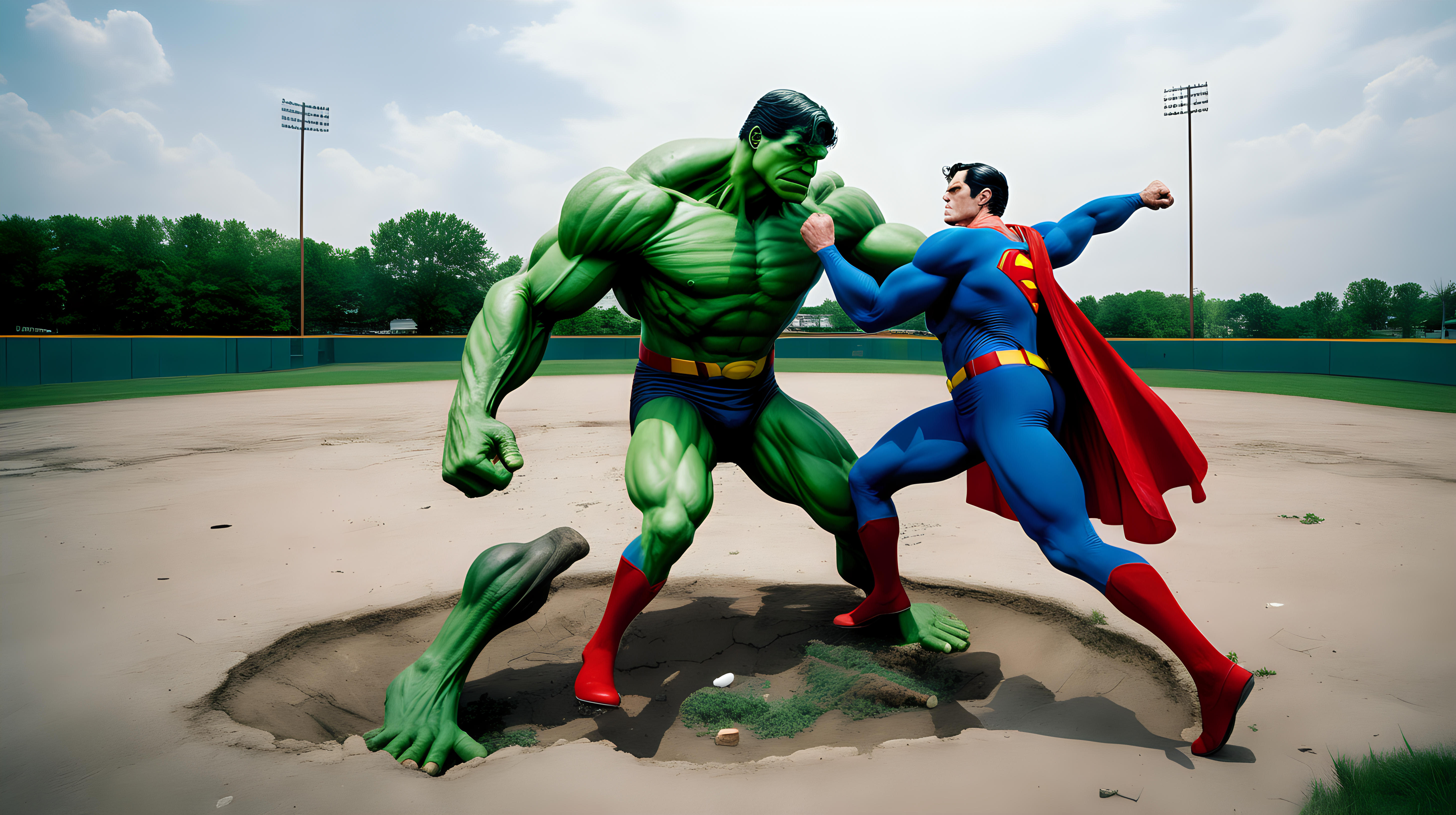 Superman fights the hulk in an abandon baseball park