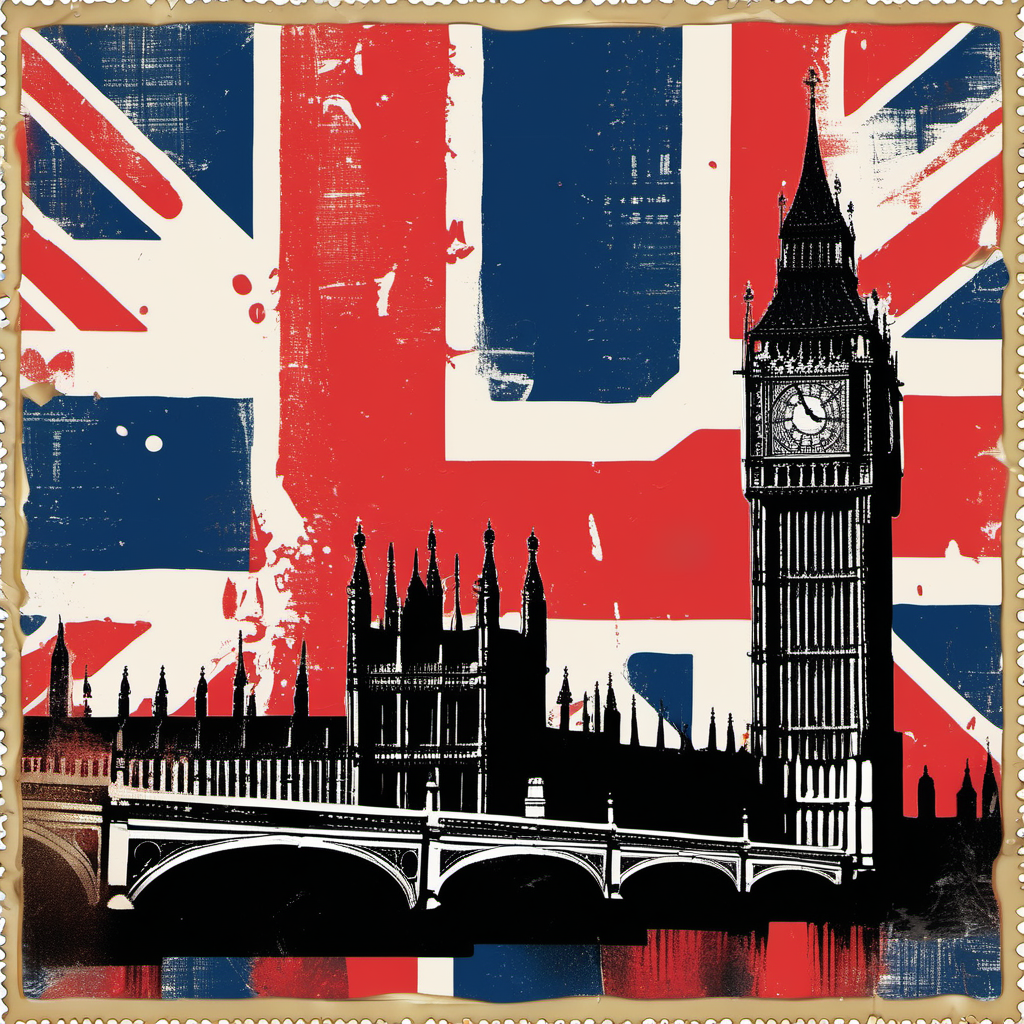 stamp with big ben, london, british flag colours, abstract, colourful, disstressed edges