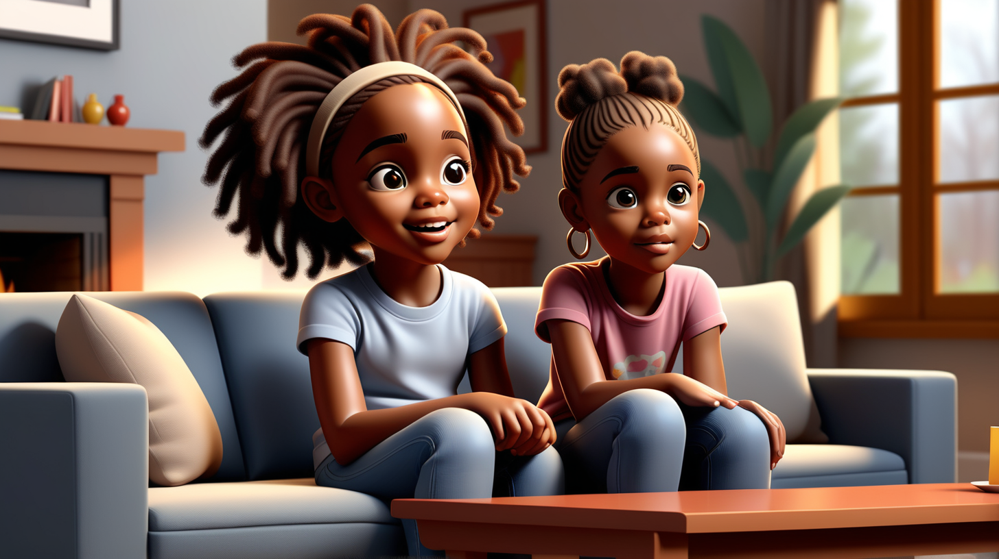vector art. 3d. natural, realistic looking 5-year-old, african-american girl, mahkai, looking at her mom and talking to her. They are both wearing jeans and plain t-shirts.

on the sofa, in a whole, complete-living-room-scene, showing tables, chairs, fireplace, stairs, windows, curtains, sofa. 

children's-book illustration
