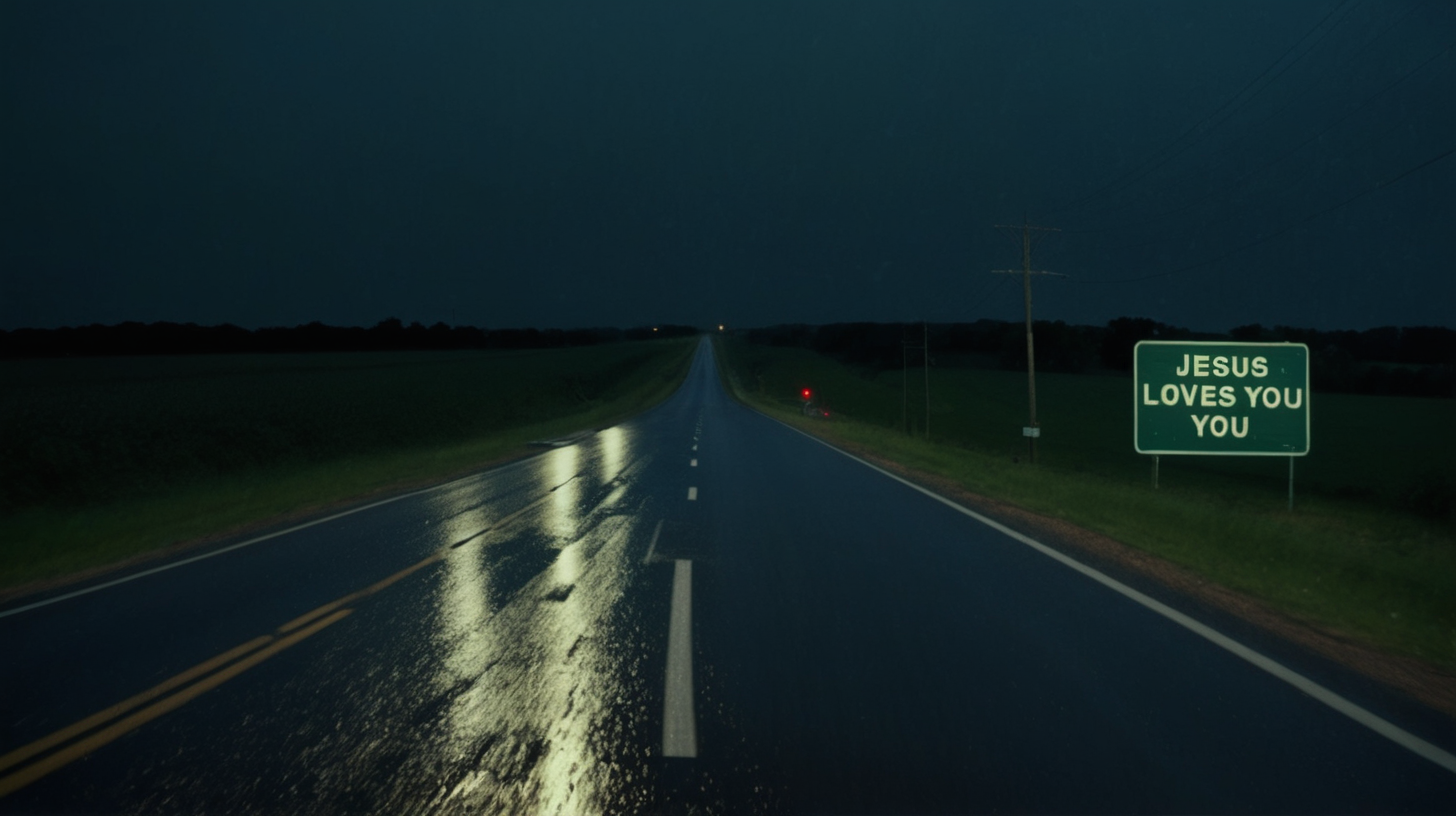 
    Jesus Loves You

sign, two lane rual highway, night, rain.
