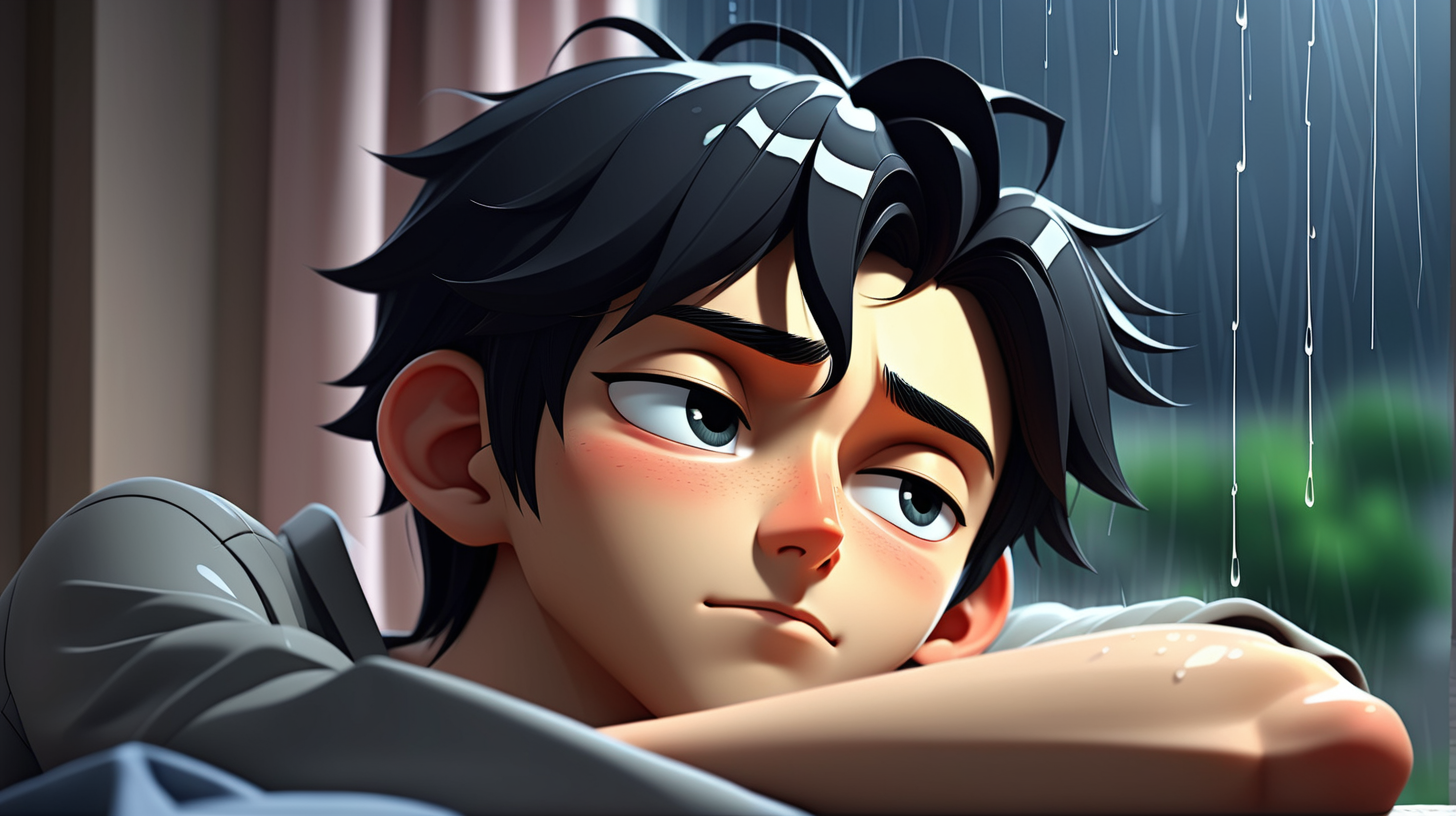handsome anime young boy, sleeping in the bedroom, black hair, modern clothes, feeling happy, background of rain, simple full color, high quality, lively eyes, dark, gloomy, dark color, natural eyes, hd,