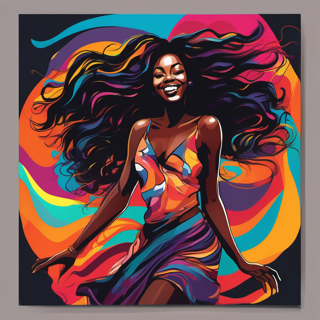 A dark skin black woman in colorful flowing clothes dancing with long beautiful cascading hair, full lips in a sexy smile in mural art style