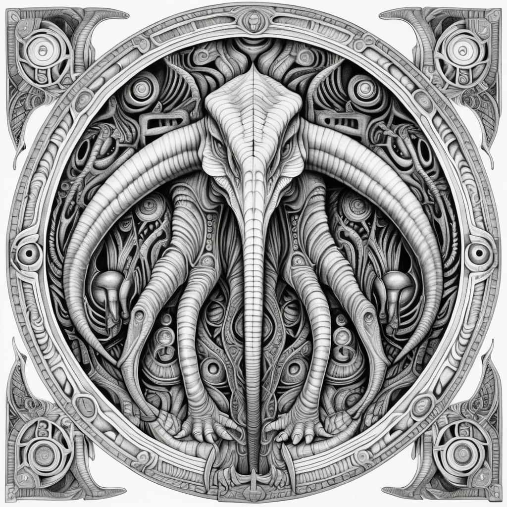 black & white, coloring page, high details, symmetrical mandala, strong lines, brachiosarus with many eyes in style of H.R Giger