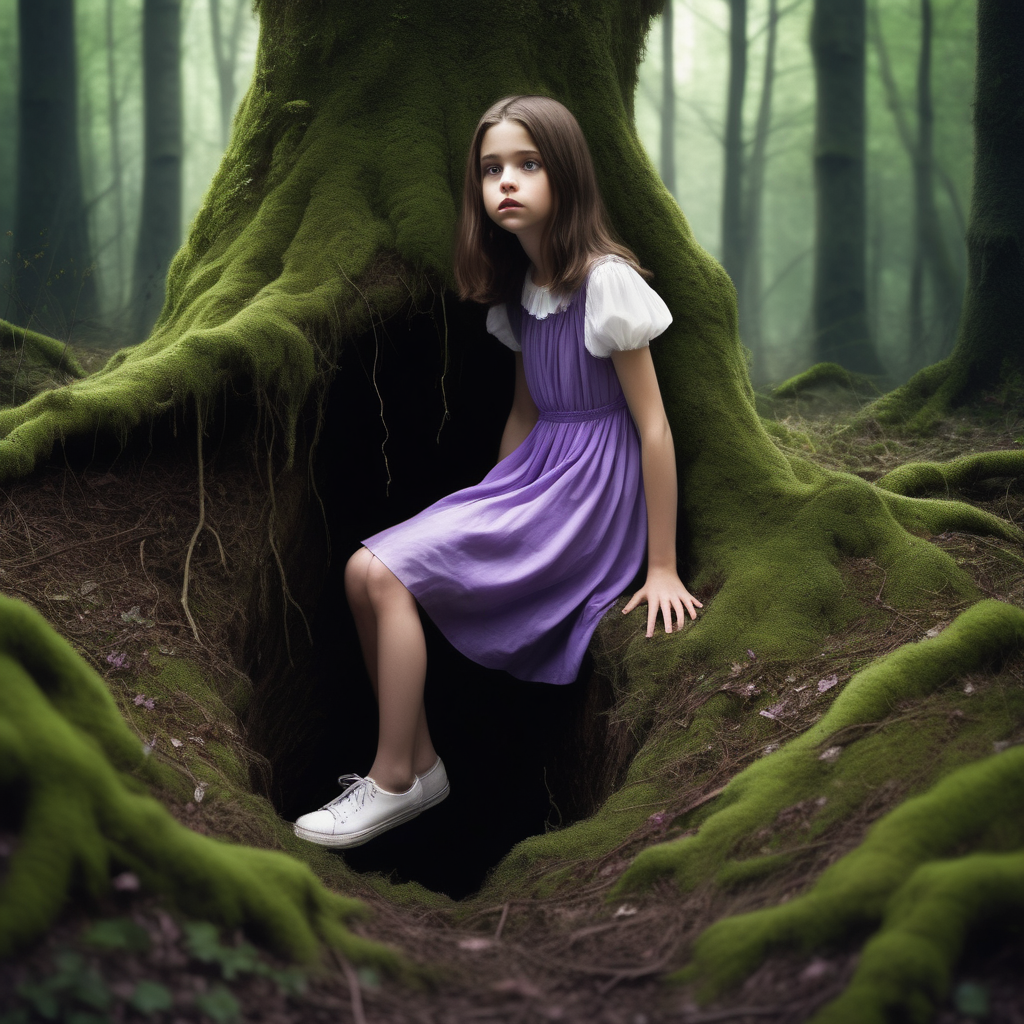 A teenage girl fell into a hole in a forest. She had shoulder-length brown hair and a white flowy midi dress. His knee is bleeding. Her mother bent over her. Her mother looks like a fairy. Her mother wears a purple dress with a puffy shirt and white shoes. The forest is dark. the tree branches are tangled together. Moss growing on tr. ees