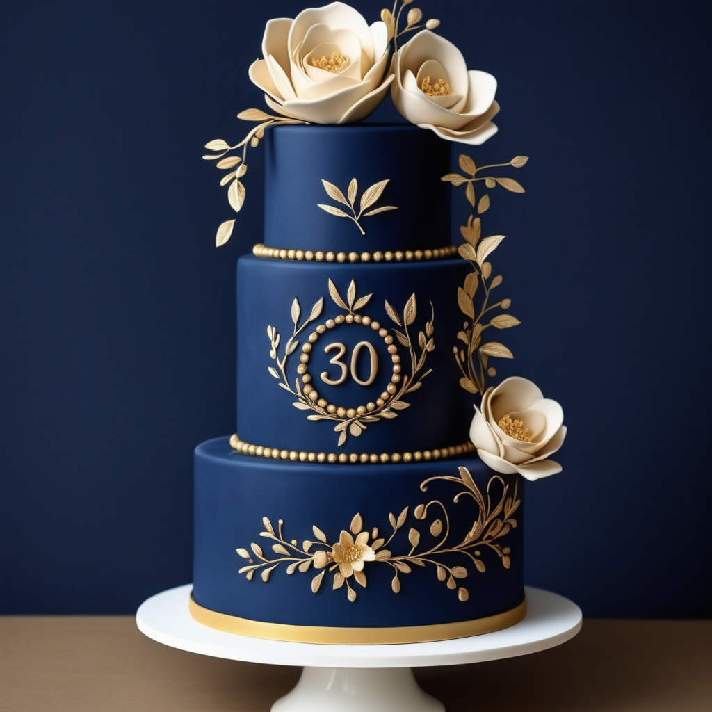 30 years anniversary cake, with 5 tiers. Navy blue color and gold details. Each tier to have details from every season.