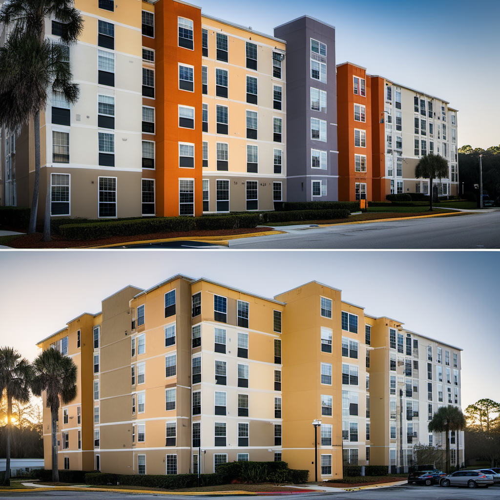 Multifamily apartment buildings, Leica SL2, City Fog, Crisp Morning Light, Prominent Text Placement, Altamonte Springs, January Schedule.