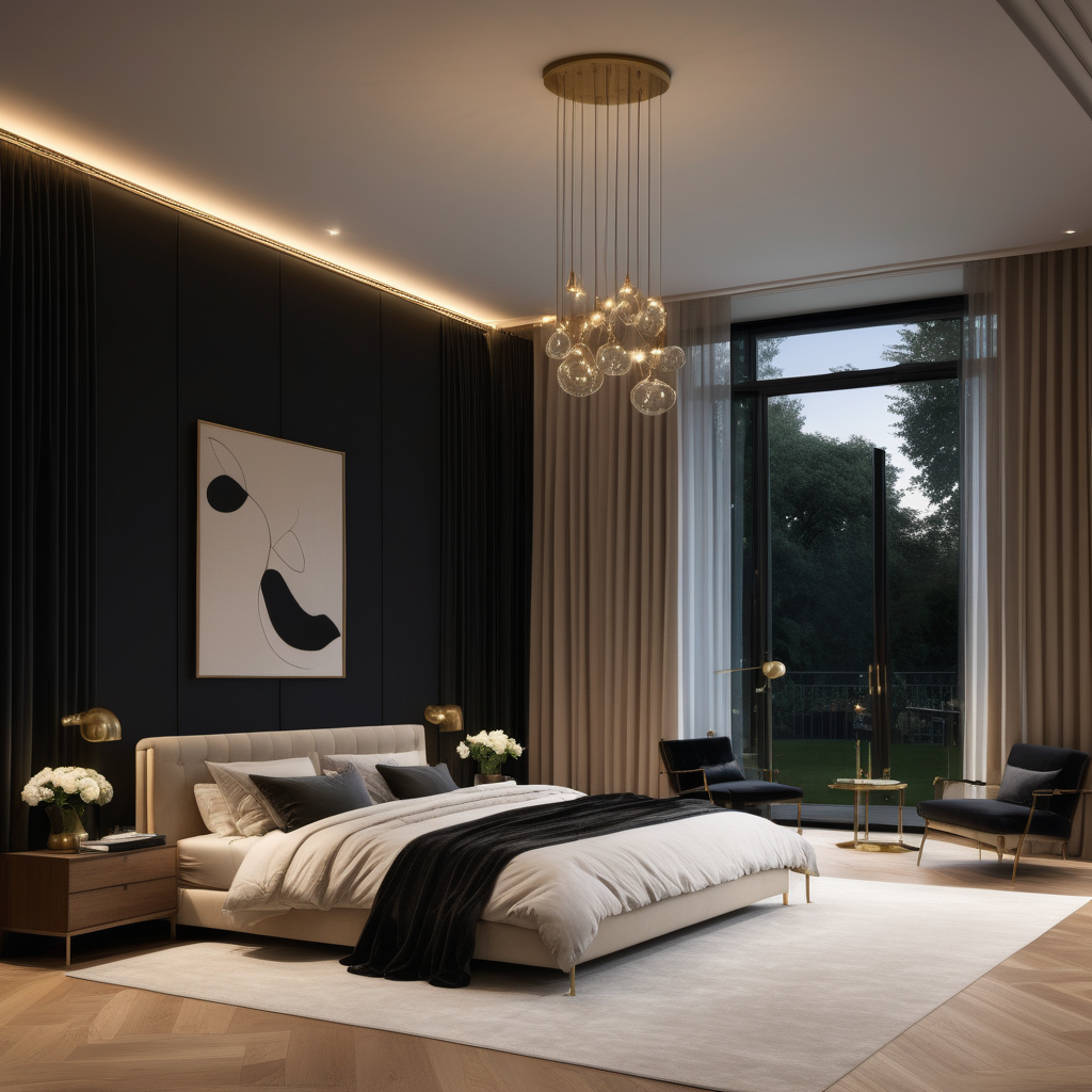 hyperrealistic of an elegant, paltial modern Parisian master bedroom at night with king bed; oak flooring; floor to ceiling windows with a view of the sprawling lush gardens; curtains; mood lighting; beige, oak, brass and black colour palette; modern brass pendant light; rug; modern glass fireplace;
