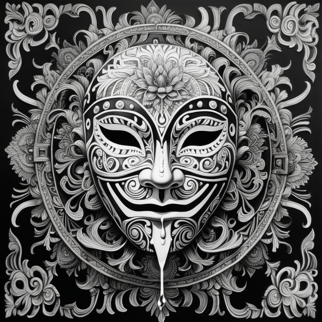 black & white, high details, symmetrical mandala, strong lines, tragedy and comedy drama mask that is melting, dripping