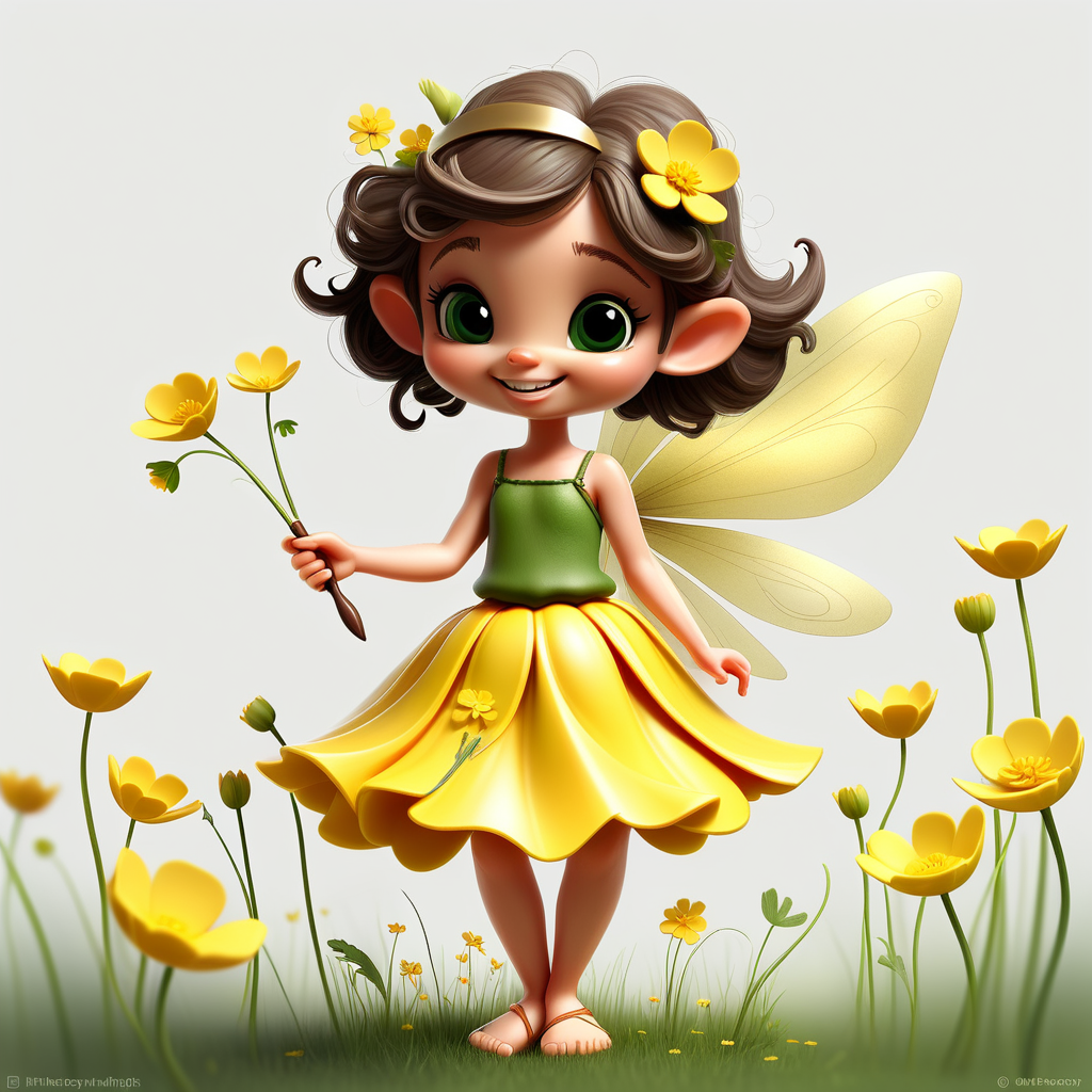  /envision prompt: "Adorable Fairy with Buttercup Skirt" - A charming fairy with a skirt made of buttercups, holding a tiny wand, and a gentle smile, set against a pristine white background.