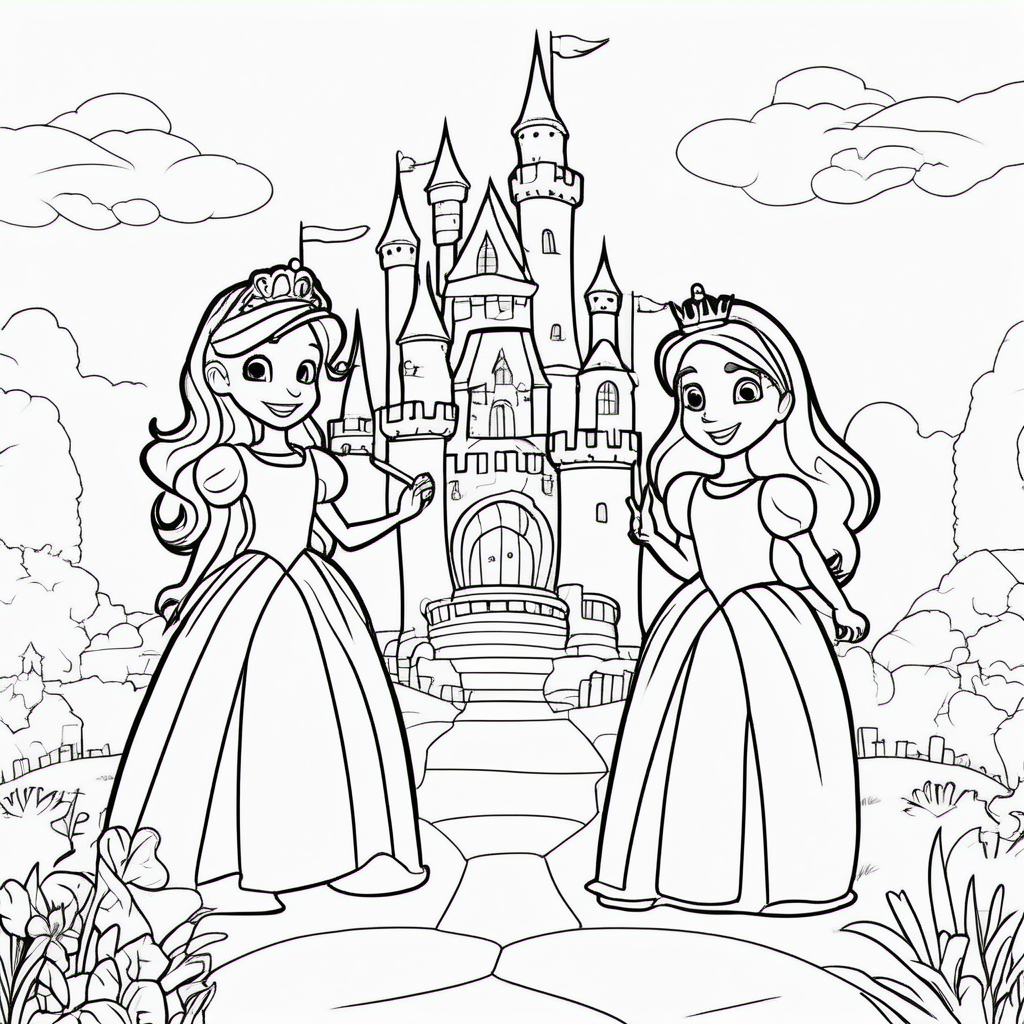 coloring pages for kids, 2 princesses in front of a castle playing, cartoon style, thick lines, low detail, no shading with Emily in bubble letters at the bottom of the page --ar 9:11