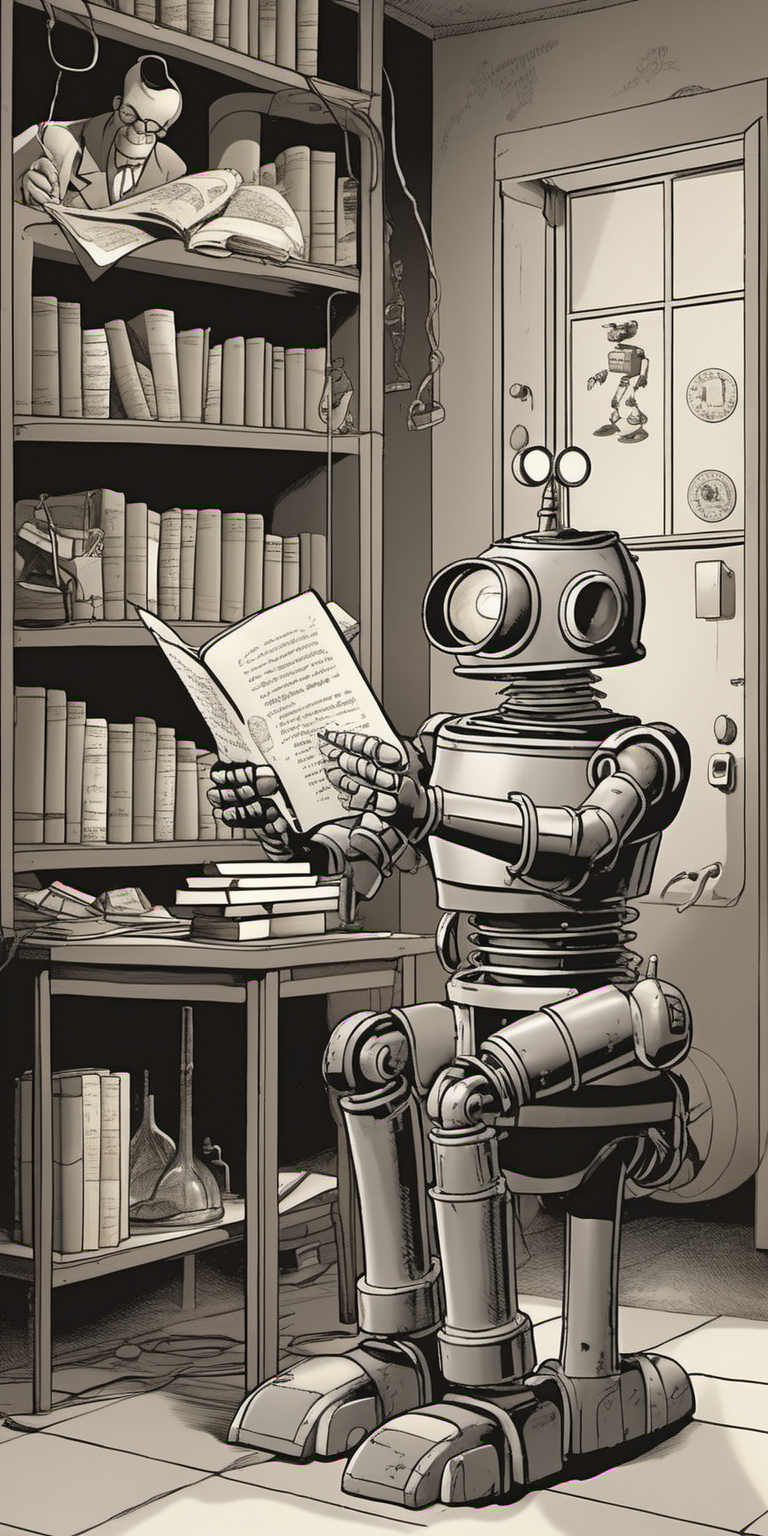 make an image in the spirit of "The Far Side" comic that depicts a old dr who style  robot trying to learn new knowledge  by reading books and papers  in an old 1950's style resesrch laboratory