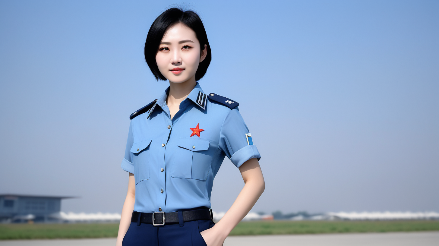 一名中国空军女兵
青年人
短发
黑发
天蓝色衬衫
深蓝色西裤