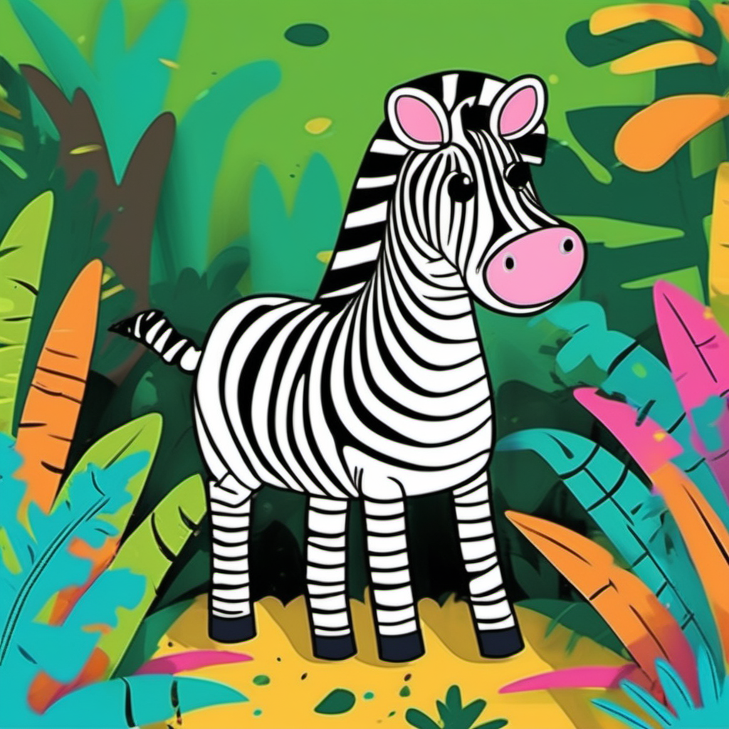 /imagine kids illustration, Zebra rex in a jungle, cartoon style, Thick Lines, low details, vivid color --ar 9:11