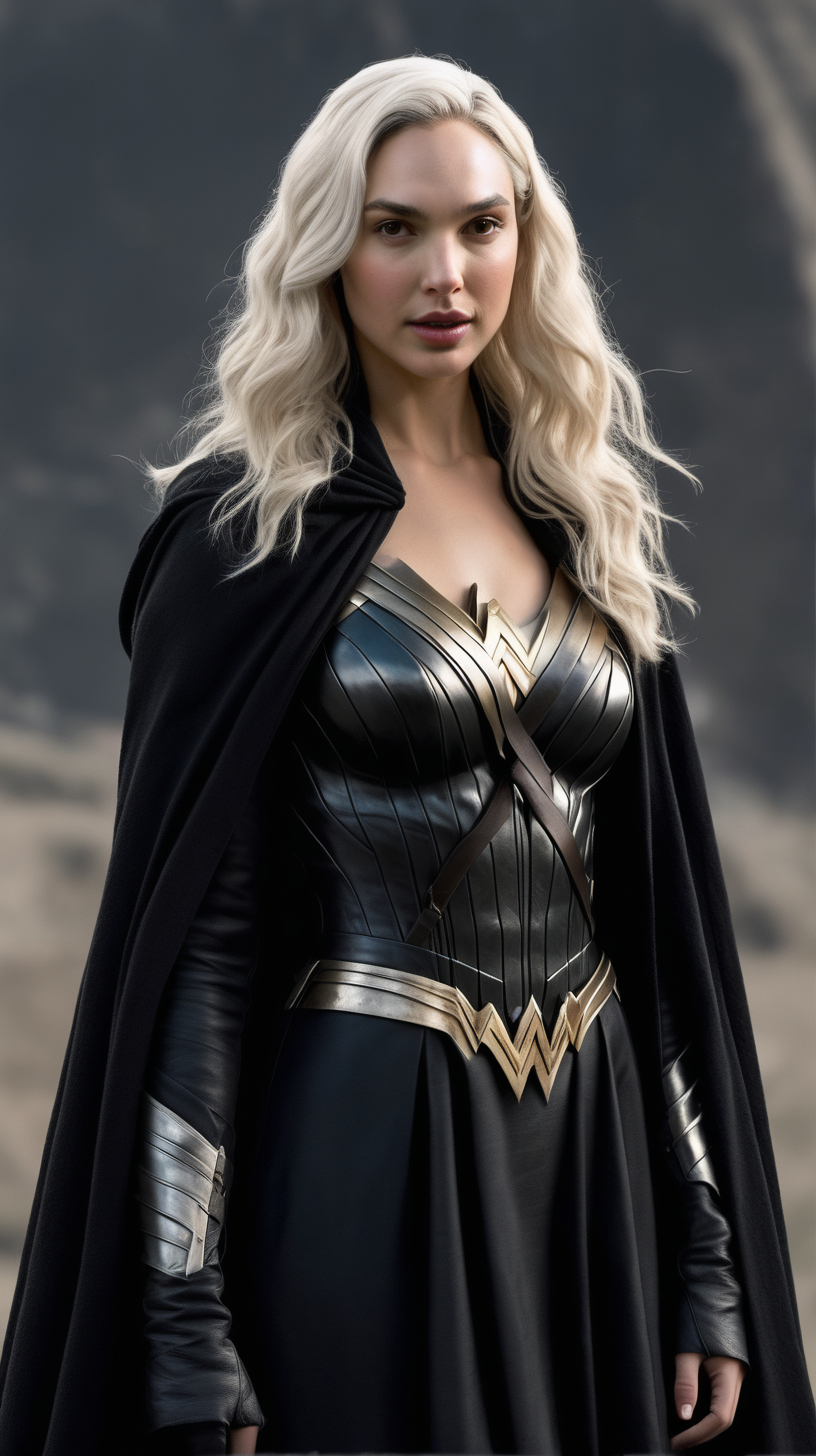 Gal Gadot with waistlength whiteblonde hair wearing a