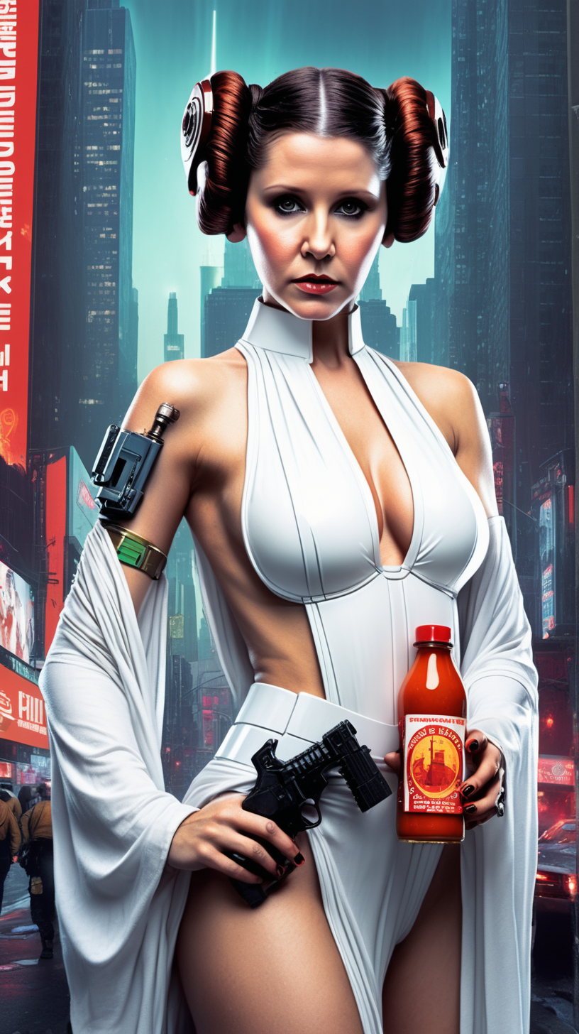 sexy princess leia with hot sauce on cyberpunk new york city ads