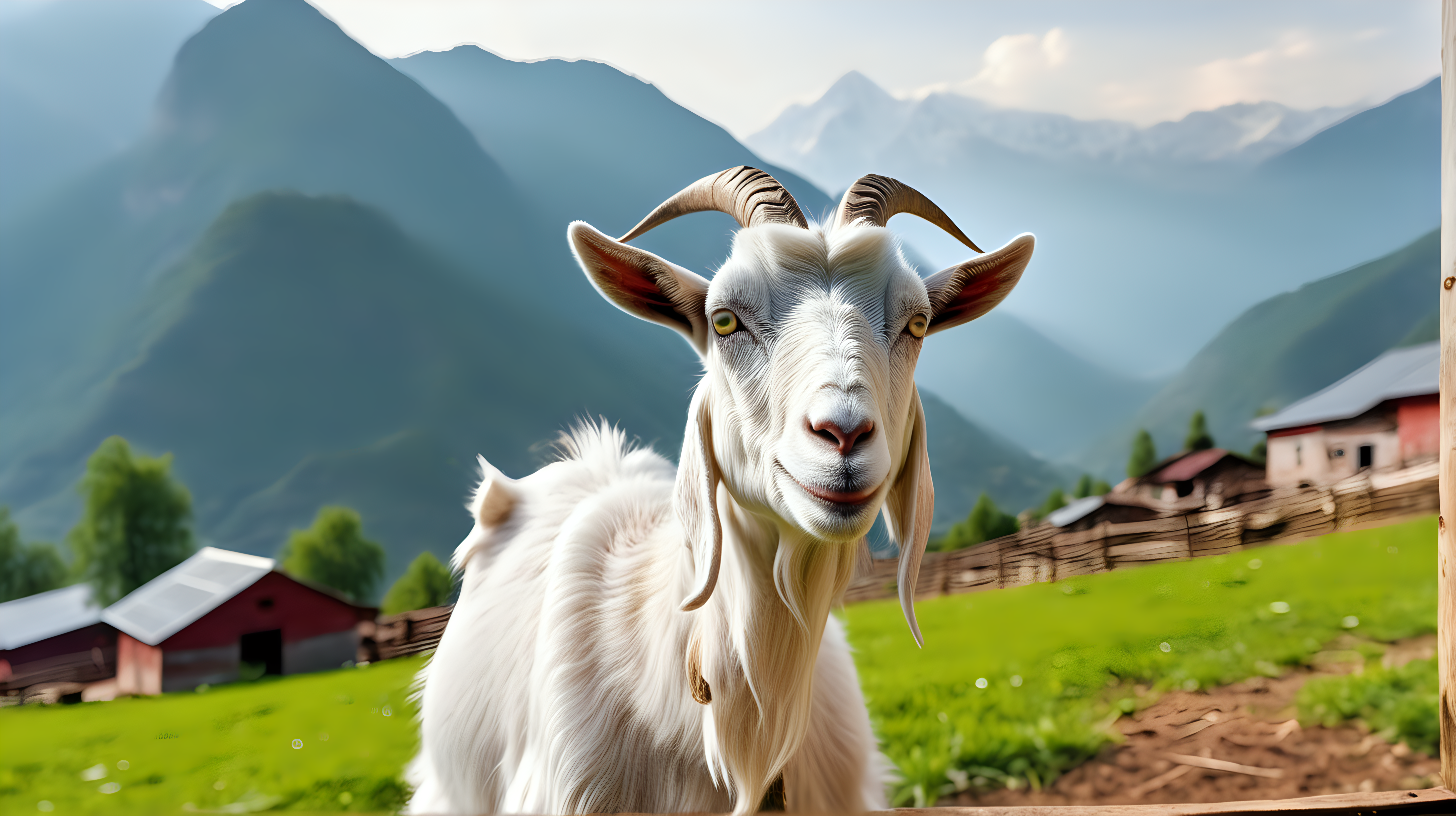 Healty goat in farm, mountain background