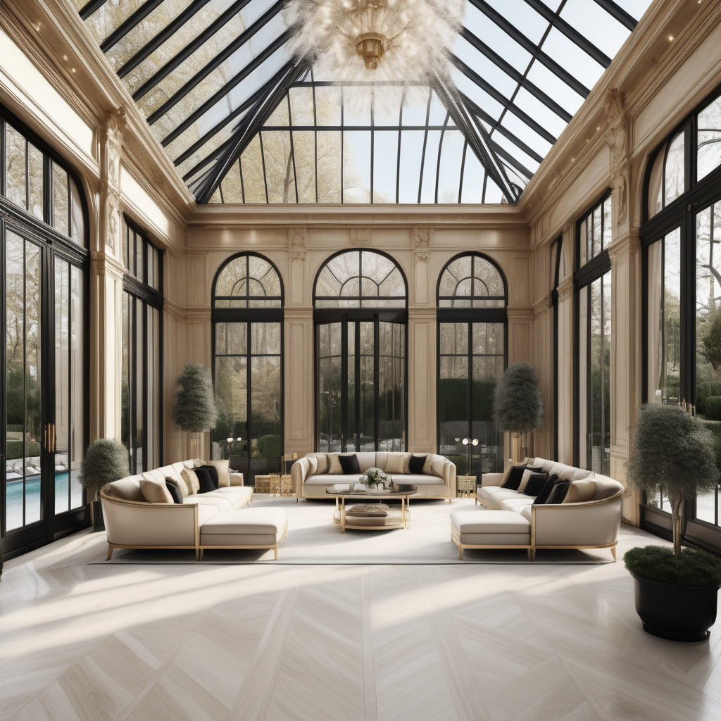 A hyperrealistic image of a luxurious, grand  modern Parisian conservatory in a beige oak brass colour palette with accents of black, floor to ceiling windows, and a sparkling pool
