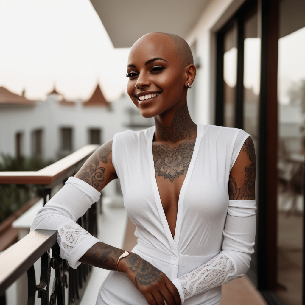 bald dark skinned tattoed model in a  terrace wearing upscale soft white modest attire she is happy